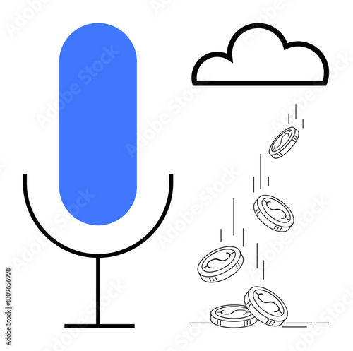 Microphone and cloud with coins falling, symbolizing monetization of voice tech in cloud services. Ideal for finance, innovation, communication, cloud storage, earning, smart tech, digital business