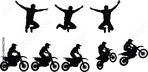 Silhouette set of motocross riders on bikes and happy men jumping, extreme sports vector collection isolated.