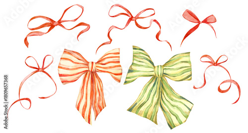 Watercolor hand-drawn Christmas set of elegant striped red and green bows, ribbons isolated on a white background. New year tree decorations collection - fabric, ribbon bow