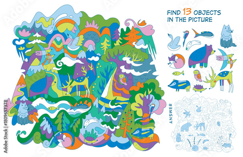 Find all the animals, birds, and fish in the picture. Educational game for children. Cartoon vector illustration