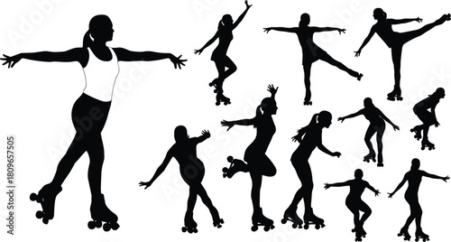 Silhouette set of artistic roller skating women, female skaters on quad skates, active sport poses vector illustration collection.