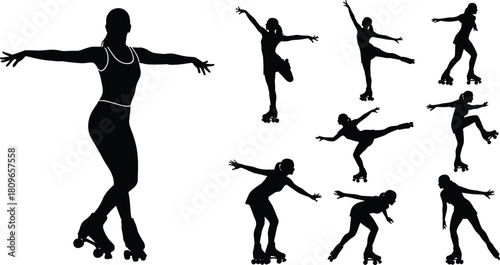 Silhouette set of roller skating woman, active girl on quad skates doing artistic tricks, sport vector illustration collection.