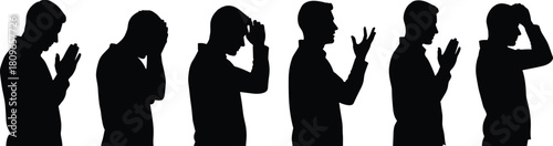 Silhouette set of emotional men, praying, stressed, anxious, despairing and talking, mental health vector illustration collection.