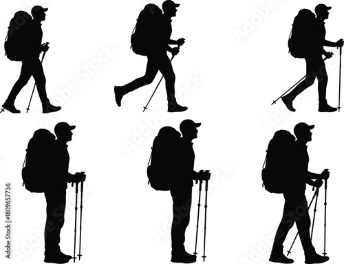 Silhouette set of hiker man with backpack and trekking poles, walking and standing, outdoor adventure travel vector illustration collection.