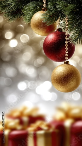 A vibrant green Christmas tree adorned with shiny red and gold ornaments, glowing lights adding warmth to the holiday ambiance