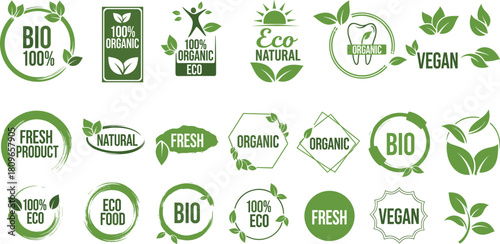 Large Collection of Organic, Natural, Bio, and Vegan Food Label Vector Icons in Green Color, Featuring Leaves, Grunge Brush Strokes, and Fresh Product Stamps for Packaging Design.