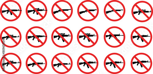 Set of no gun signs, prohibition red circle with rifle silhouettes, weapon ban vector illustration collection isolated.