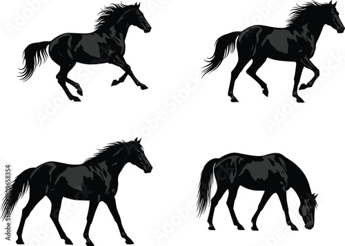 Detailed black horse silhouette set, running, walking, and grazing stallion, equine vector illustration collection.