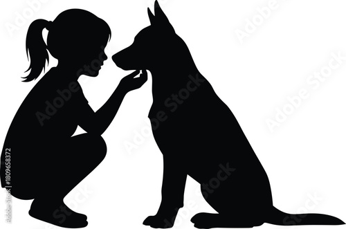 Silhouette of little girl kneeling with dog, child petting German Shepherd, animal friendship and loyalty concept, black vector illustration art.