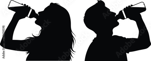 Silhouette of man and woman drinking water from bottles, thirsty people profile view, hydration concept vector illustration.