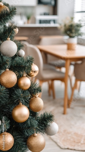 A beautifully adorned Christmas tree stands in a stylish indoor space, surrounded by warm lights and a comfortable workspace