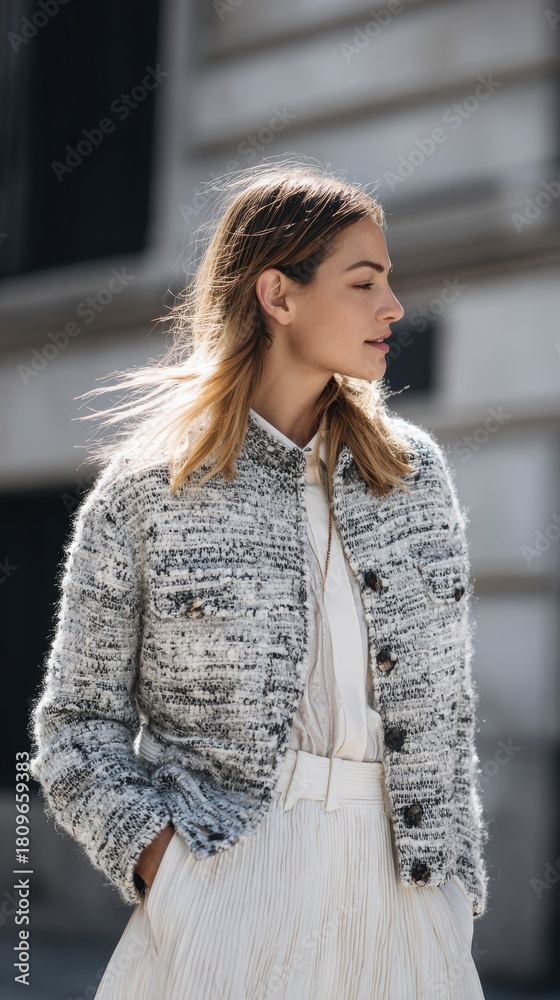 Fototapeta premium Young caucasian female in chic outfit standing outdoors