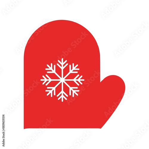 Red winter mitten with snowflake icon for cold weather protection and seasonal designs isolated on white background