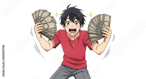 Anime man excitedly holding stacks of money.
