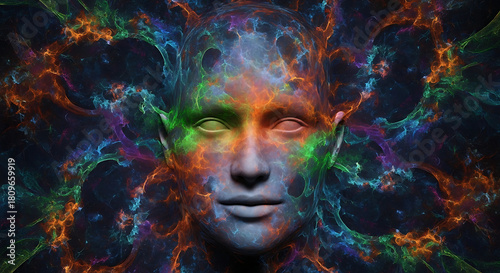Colorful cosmic energy flowing through a serene face, representing the universe within, higher consciousness, and the power of the human mind