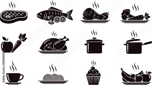 Illustration of collection of food icons in black and white