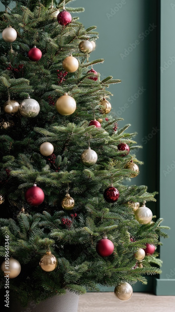 Fototapeta premium A festive Christmas tree adorned with golden decorations and small berries welcomes the holiday spirit as snowflakes drift gently down