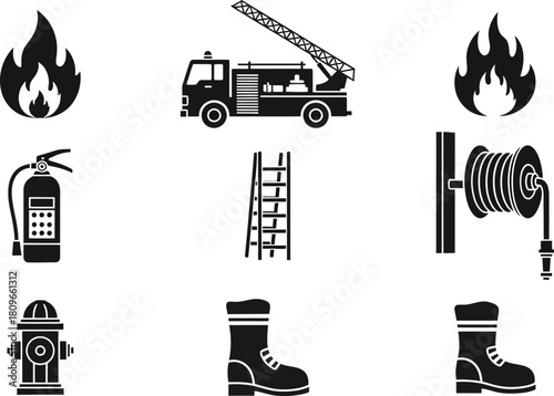Illustration of firefighting equipment icons in black and white