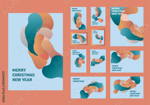 Abstract festive designs with overlapping shapes and holiday greetings displayed