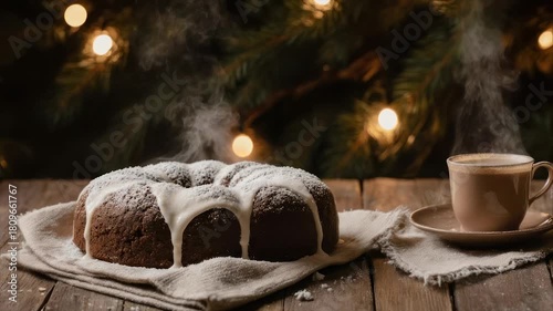 A glazed bundt cake & warm beverage with steam on a rustic wood table. Christmas lights glow