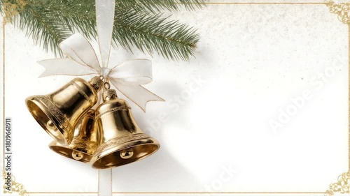 Gold bells with a white bow and fir branch on a white background with a decorative border