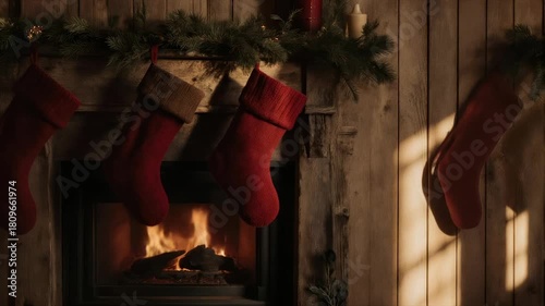 Cozy Christmas scene red stockings hung on rustic mantel with a warm fireplace glow