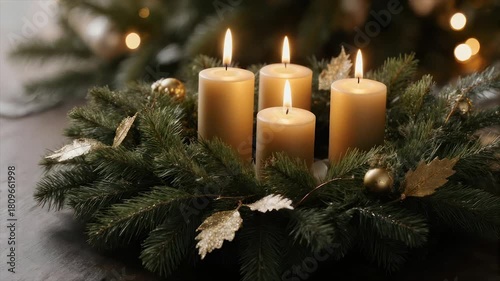 A festive arrangement of lit candles in a evergreen wreath, adorned with metallic leaves