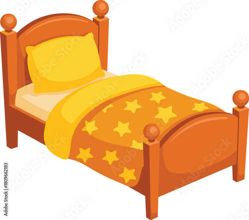 Cozy wooden bed with bright yellow and orange star patterned bedding