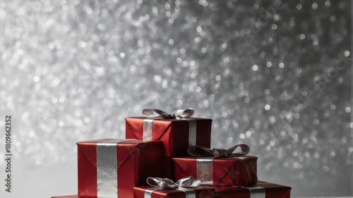 A stack of red wrapped gifts with silver ribbons against a shimmering silver background