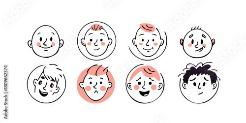 Round human portraits. Various faces, hairstyle, emotions. Cute funny characters. Cartoon, minimal, abstract contemporary style. Avatar, icon templates. Hand drawn Vector isolated illustrations .icon