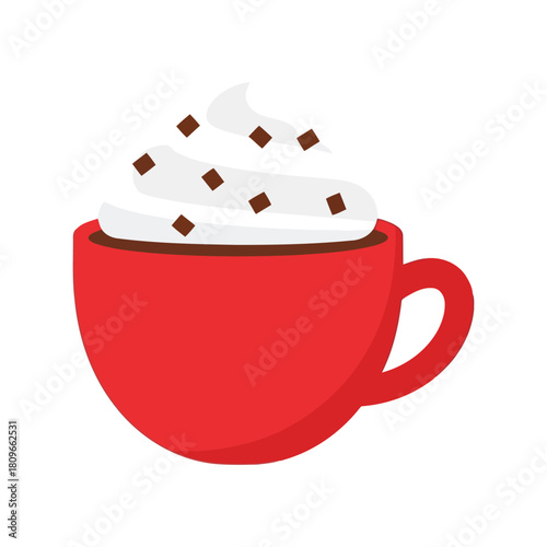 Cozy red coffee cup with whipped cream and dark sprinkles delicious hot beverage isolated on white background