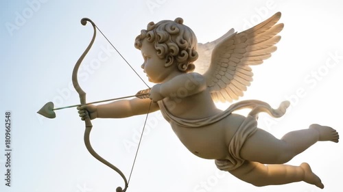 A detailed sculpture of a cherubic angel with wings drawing a bow and arrow, depicted in a classic style against a plain background