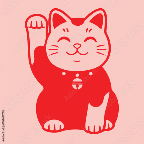 Traditional Red Maneki neko Beckoning Cat Vector