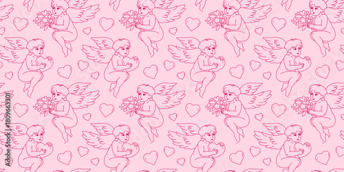 Vector fancy illustration with angels and hearts on a pink background. Linear seamless pattern for Valentine's Day. Cute cupids with a bouquet of flowers.  Baroque style for design and decoration