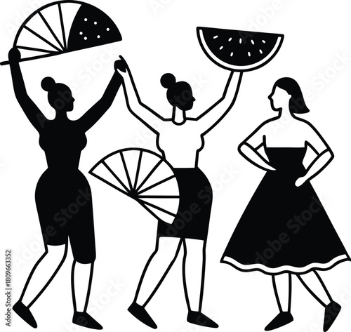 Black vector silhouettes set of people, woman with umbrella, and family walking, shopping, and having fun in fashion style