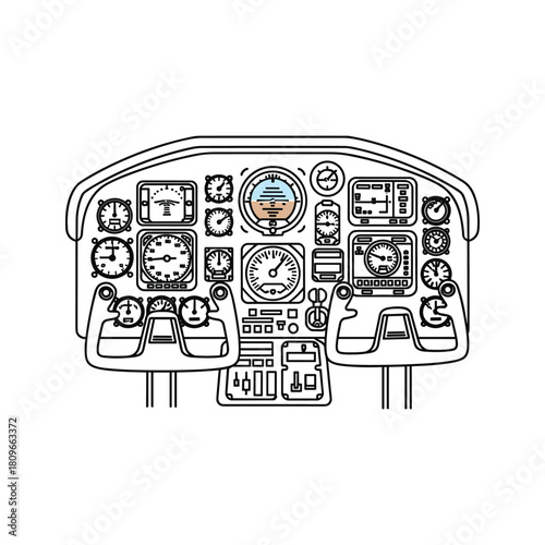 Detailed airplane cockpit instrument panel with various gauges and controls for aviation and flight navigation