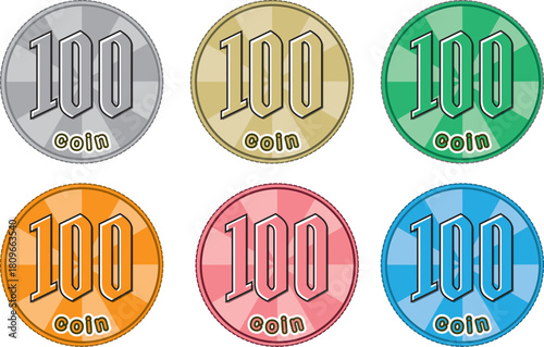100円コイン表面（集中線デザイン／通常色・金・緑・ピンク・青・オレンジ）