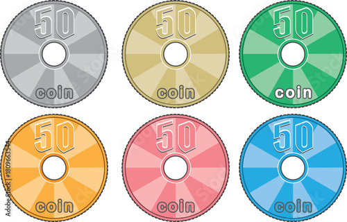 50円コイン表面（集中線デザイン／通常色・金・緑・ピンク・青・オレンジ）