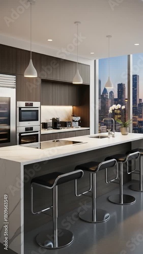 Experience a modern kitchen with sleek marble island and stunning city views, perfect for luxury lifestyle or sophisticated home design inspiration