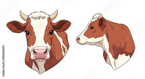 Cow Heads Illustration - Brown and White Dairy Cattle.
