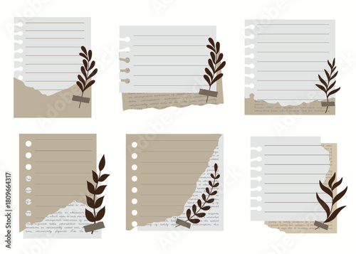 Aesthetic scrapbook note set with torn paper scrapbook journal and leaves