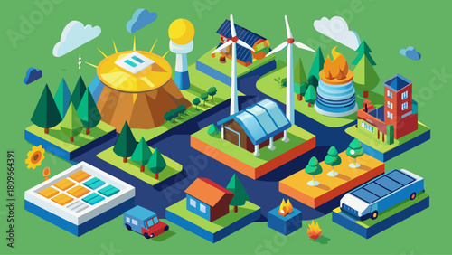 Renewable and Nonrenewable Energy Resources Isometric Vector – Green Power Sources, Solar and Wind Electricity, Fossil Fuels, and Natural Earth Resource Illustration