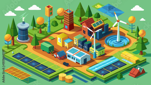 Renewable and Nonrenewable Energy Resources Isometric Vector – Green Power Sources, Solar and Wind Electricity, Fossil Fuels, and Natural Earth Resource Illustration