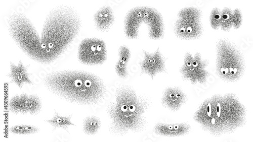 Set of cute dotted grain gradient shapes. Set of different bright shapes heart, drop, flower, star, cloud etc with emotions. Vector gritty smiling shapes with black particle for banner, poster, cover.