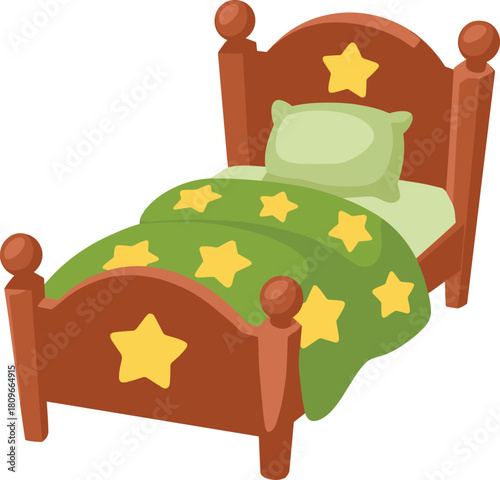 Cozy wooden bed with a green star patterned blanket and a light green pillow