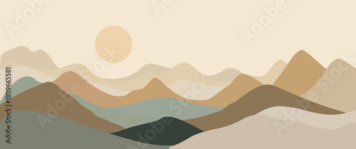 Abstract mountain landscape with soft neutral tones, layered hills and gentle sunrise for minimalist wall art and design