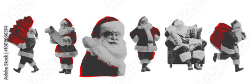 Vintage halftone Santa Claus design in festive Christmas character poses
