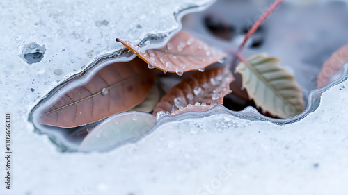 Frozen leaves under layer of transparent ice