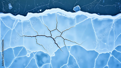 Frozen river with cracked ice surface top view