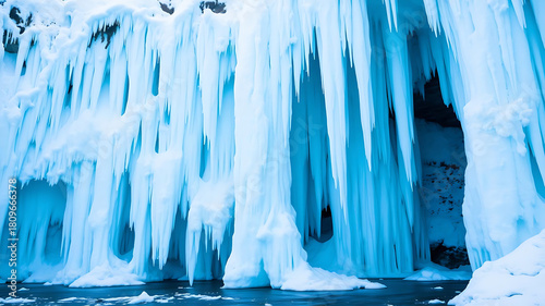 Frozen waterfall in shades of blue and white